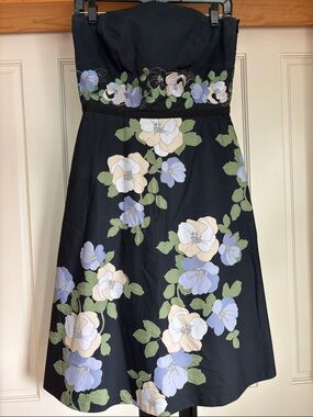 LOFT Black Strapless Floral A-Line Dress